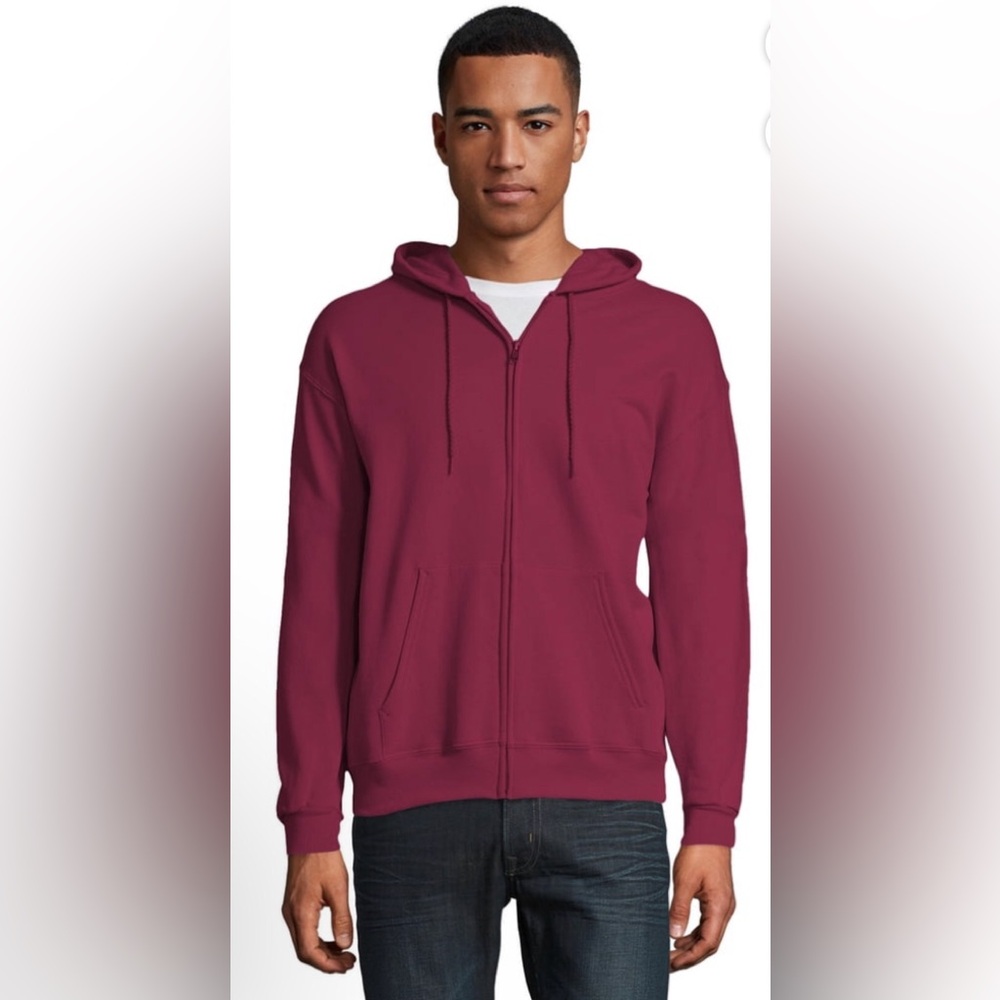 HANES Mens Zipped Front Hoodie Size Small Burgundy Light Fleece Lining New
